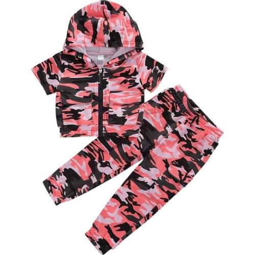 1-6Y Toddler Child Girls Camouflage Outfit Short Sleeve Hooded Top Autumn Jacket+Pants Trousers 2PCS Tracksuit Clothes Set