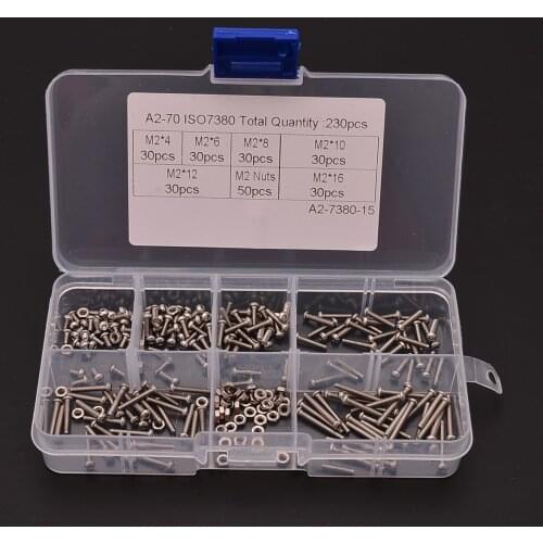 230pcs Hex Socket Screws M2 Stainless Steel Hex Socket Button Head Screw Bolts Nuts Assortment Kit Hardware Fastener Parts