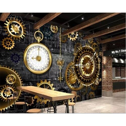 Beibehang behang Vintage industrial wind clock brick wallpaper 3d bar coffee shop decorative mural background papel de parede 3d