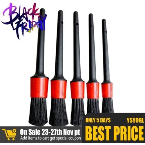 5Pcs Natural Boar Hair Detail Brush Car Cleaning Detailing Set Automotive Detailing Air Vent Trim Clean Tools Dust Clean Brush