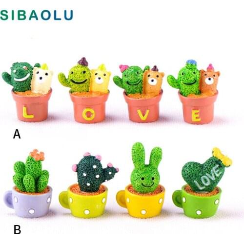 4pc Love Cactus Green Potted Plant Model Square Miniature Figurine DIY House Accessories Doll home Decoration Simulation plastic