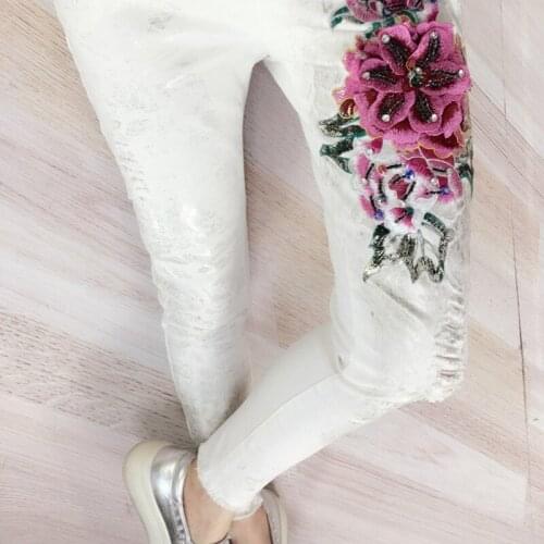 Fashion Folk Women Flower Embroidery Beading Skinny Jeans Female White Trousers Casual Hole Ripped Stretch Denim Pencil Pants