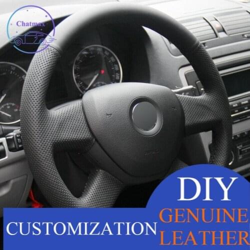 For Skoda Octavia Fabia Black Leather Hand-stitched Car Steering Wheel Cover anti-slip design all season