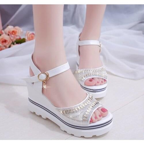2019 summer new wedge with rhinestone sandals ladies waterproof platform sexy word with sandals womens shoes