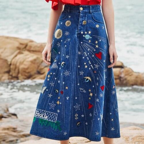 2020 autumn new vintage heavy embroidered denim skirt women high waist slim mid calf a-line jeans skirt