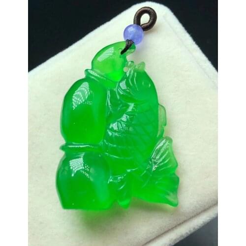 Excellent Burma Green Jade Carven Cyprinoid Pendant Lotus root Amulet Lucky Hanging Ornaments