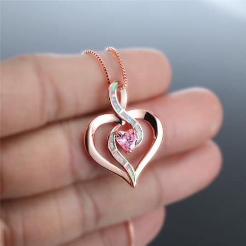 Cute Female White Blue Opal Chain Necklace Rainbow Crystal Heart Pendant Necklace Charm Silver Color Wedding Necklaces For Women