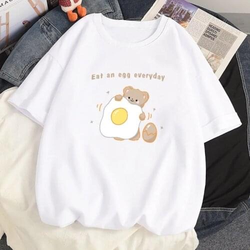 Harajuku Anime y2k 100% Cotton Women Casual Loose Oversized Summer Clothing Short Sleeved Kawaii Poached Egg Bear T-shirt Tops