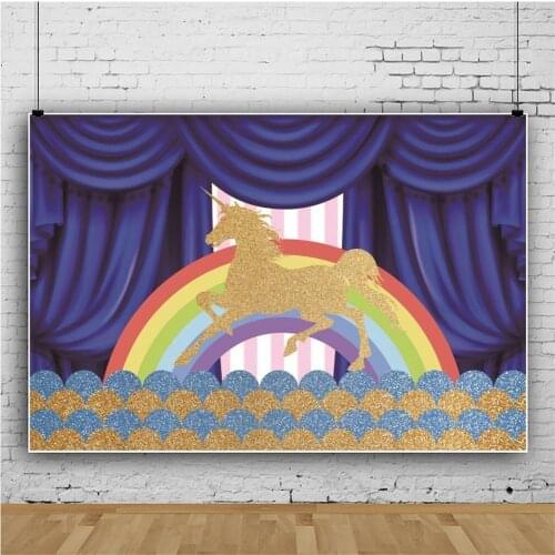 Rainbow Flowers Golden Unicorn Photography Backdrop Kid Birthday Party Decor Photo Background Studio Photocall Props