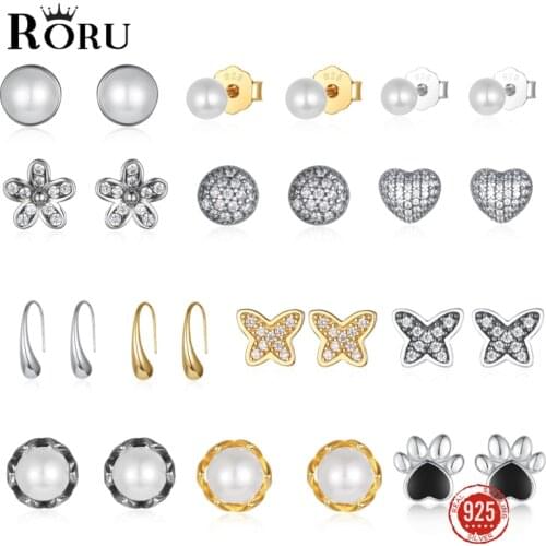 Real 925 Sterling Silver Earrings Round Zircon Gold Plated Jewelry White Pearl Stud Earrings Luxury Ear Jewelry Gift for Women