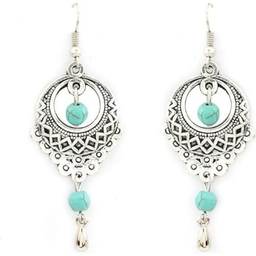 MISANANRYNE Retro Round Engraving Pattern Turquoises Natural Stone Pendants Earring Long Earring Bijoux Femme Gift