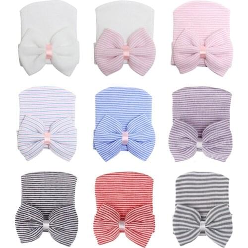 Newborn baby Big Bow hat hedging hat Warm Cap Knitted Baby medical yarn sewing Soft Cute Warm Striped Caps Infant Accessories