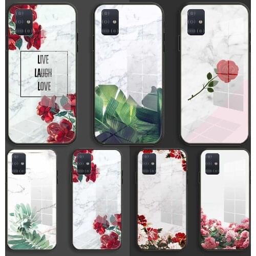 White marble and flowers floral Soft Silicone Glass Case For Samsung Galaxy A10 A20 A30 A40 A50 A70 A31 A51 A71 Balck Cover
