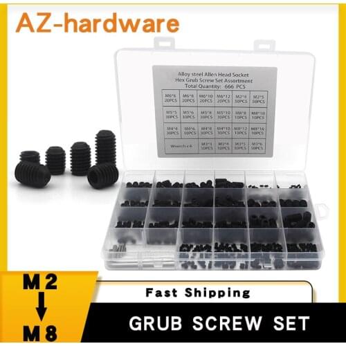 666PCS Hexagon Headless Set Screw M2 M3 M4 M5 M6 M8 Hex Socket Set Screws Set Screw Cup Point Grub Screw Grade 12.9 Carbon Ste