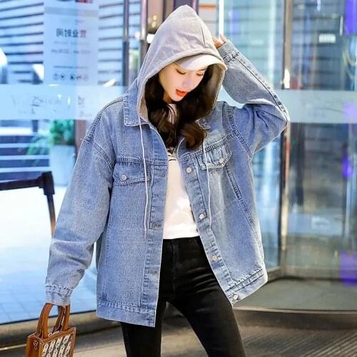 Versatile Hooded Women Denim Jacket Spring Autumn Loose Letter Embroidery Outerwear Casual Korean Fashion Boyfriend Jean Coat