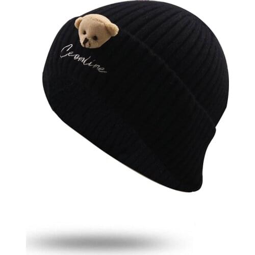 Cute bear Logo Beanie Hat for Women Winter Hat Knitted Rabbit Fur Skullies Hat Warm Bonnet Cap Female Hats for Girls hat