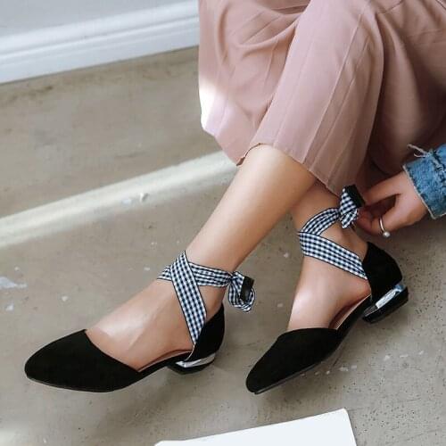 YMECHIC 2019 Summer Cross Strap Plaid Riband Pumps Sandals Woman Low Heel Fashion Casual Ladies Heels Shoes Beige Black Pink