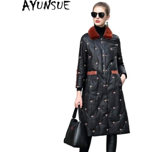 AYUNSUE Genuine Leather Jacket Women Down Coats Embroidery Winter Jackets Natural Mink Fur Collar Sheepskin Coat Female VH9555