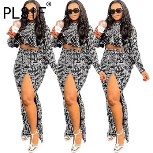 Women New Vintage Print Skirt Set O Neck Crop Top And Maxi Skirt Suit Split 2 Two Pieces Tracksuits