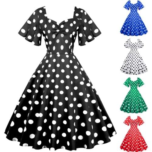 Womens Retro Wave Swing Short Sleeve Wave Dot Medium Length Swing Skirt Dress