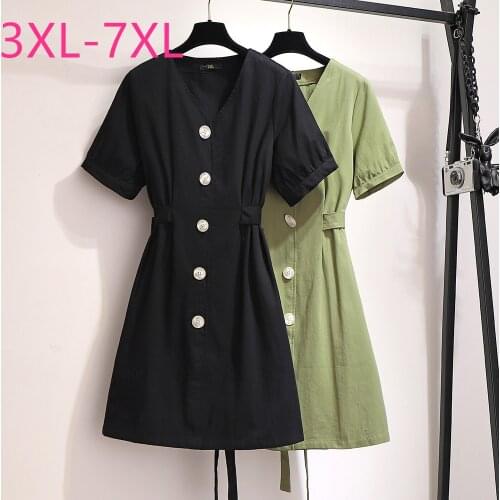 2021 summer plus size dress for women large loose casual short sleeve button V neck dresses black green belt 3XL 4XL 5XL 6XL 7XL
