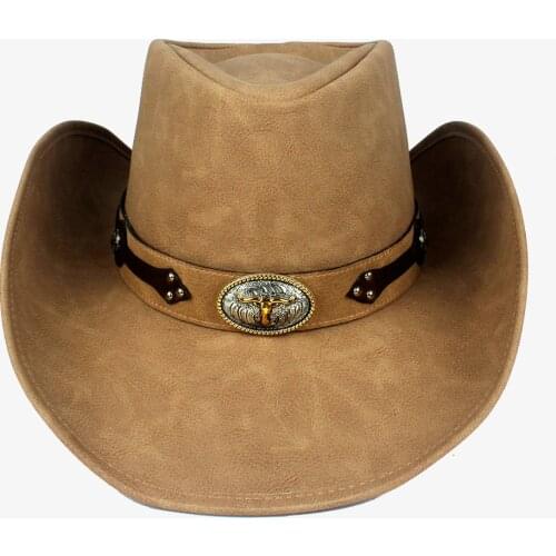 100% Leather Men Women Western Cowboy Hat For Gentleman Dad Fedora Cowgirl Sombrero Hombre Jazz Caps With Bull Band Size 58-59CM