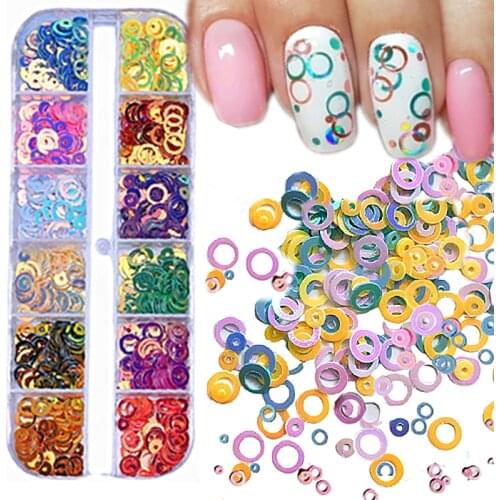 12 Grids/Box Mix Sizes Dreamlike Rainbow Round Holo Circle Sequins Nail Glitter Paillette Nail Art Slice Sequins Decals Set