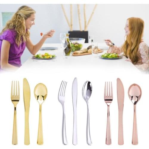 12Pcs Rose Gold Plastic Disposable Tableware Dessert Knives Forks Spoon Wedding Birthday Party Decoration Supplies Cutlery Set
