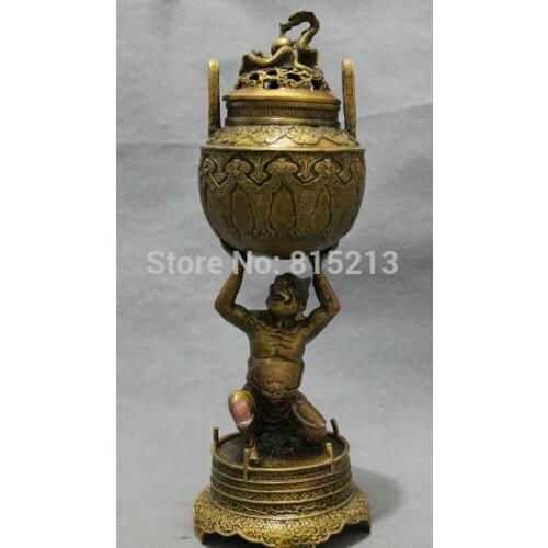 Bi00815 12" Chinese Bronze Folk Vajra Japan God Statue Up Dragon Incense Burner Censer