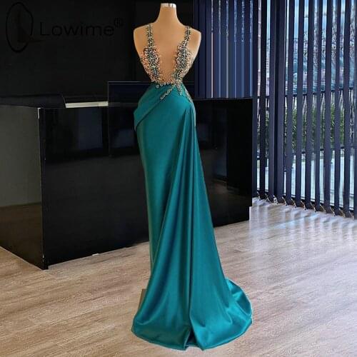 Peacock Blue Sexy Long Evening Dresses Illusion Deep V Neck Crystal Satin Prom Party Gowns Wedding Formal Gown Abendkleider 2021