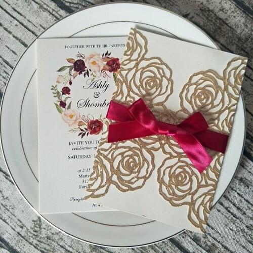 Elegant Rose Gold Glitter Wedding Cards with Fuchia Ribbon DIY Personalized Print Quinceanera Party Invites 50pc