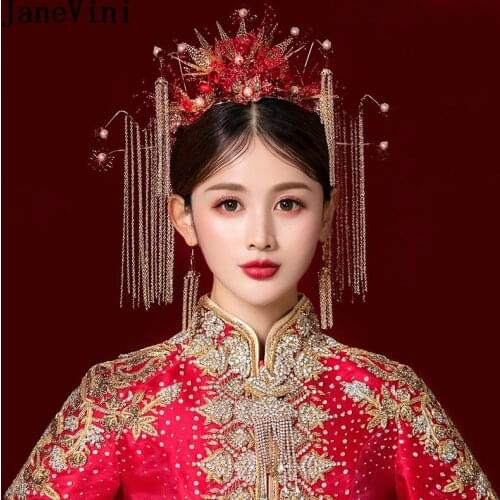 JaneVini Classic Red Bridal Crowns with Earrings Long Tassel Pearls Chinese Style Wedding Bride Head Jewelry Hair Accessories