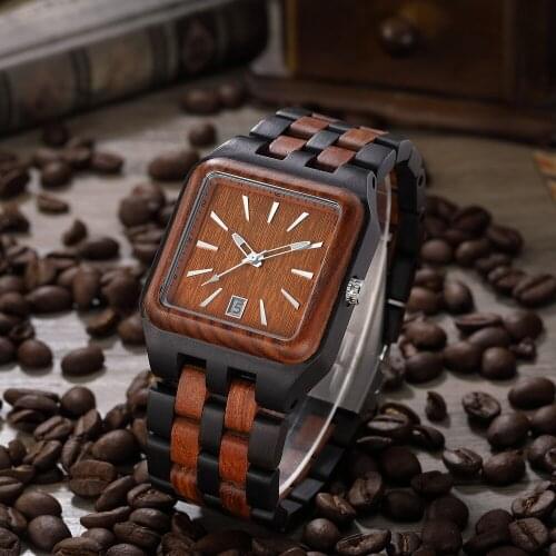 Square Wooden Wristwatch Men Quartz Wrist Watches Creative Man Clock Black Walnut Red Rose Full Wood Strap Date