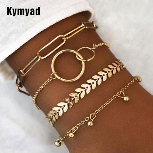 Kymyad (4pcs/set ) Multilayer Metal Bracelet Sets Gold Color Ball Bracelets For Women Bijoux Wrap Bracelet Femme Jewelry
