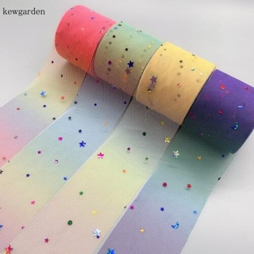 Kewgarden Wholoesale Star Moon Sequins Rainbow Voile Ribbon 6cm 60mm Handmade Tape DIY Hair Bow Accessories Riband 25 Yards