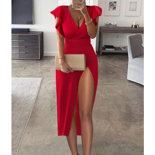 Fashion O Neck Side Split Sexy Midi Dress Ladies Full Sleeve Party Club Slim Novelty Dresses