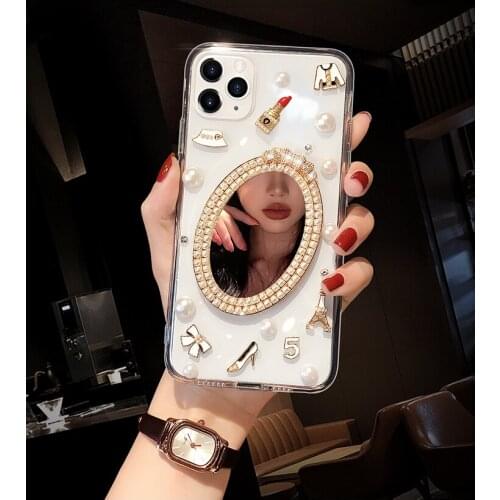 Fashion Cute Pearl Mirror High Heel Lipstick Bling Diamond Case Cover For Iphone 12 Mini 11 Pro XS Max XR X 8 7 6 6S Plus SE