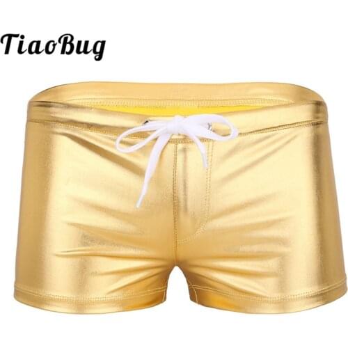 TiaoBug Men Swimwear Shiny Patent Leather Drawstring Lounge Workout Swimming Underwear Boxer Briefs Underpants Bathing Suit
