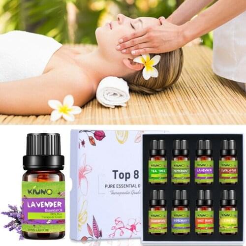 KIUNO 10ML 8pcs Pure Essential Oils Gift Set Humidifier Aromatherapy Tea Tree Lavender Peppermint Lemon Orange Frankincense Oil