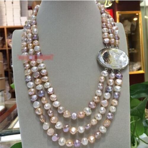 NEW Baroque 19 "3row 8-9mm Pink Gray White Color Multicolor Beads Necklace Seashell Clasp