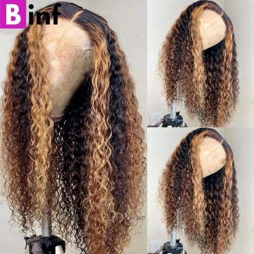 Honey Blonde Highlight Wig Transparent Lace Curly Human Hair Wigs Pre Plucked 13x1x6 Lace Part Human Hair Wigs For Black Women