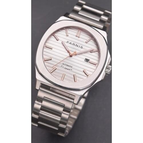 PARNIS Business White Square Automatic Men Watch MIYOTA 8215 Seeing Glass Back Metal Bracelet Sapphire Glass