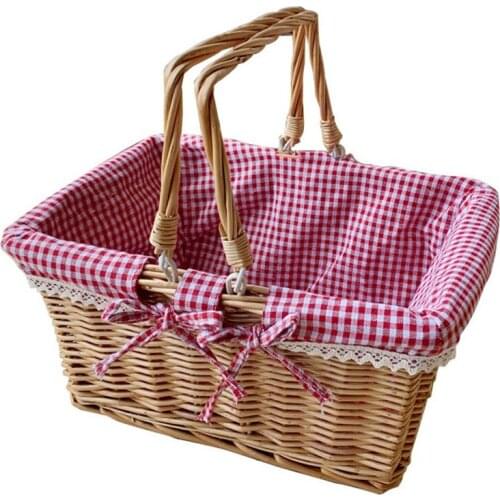 Picnic Basket Woven Natural Wicker Basket with Double Handles and Cloth Lining for Food Sundry Container Fruit Storage