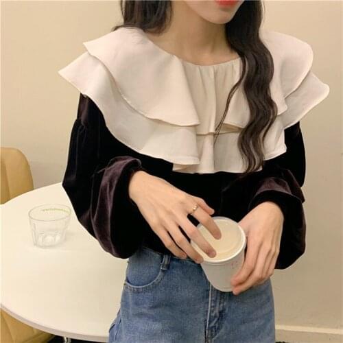 RUGOD 2021 early spring Korean version of the front and rear two wear wild doll collar black shirt shirt