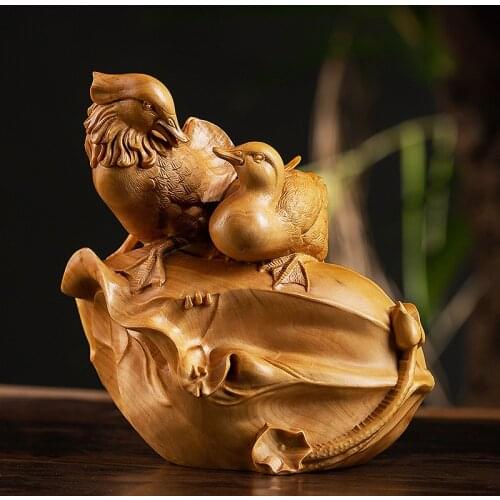 Boxwood 12CM Mandarin Duck Sculpture Lucky Wood Animal Statue Fall In Love Home Decoration