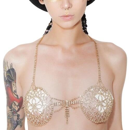 Stonefans Sexy Rhinestone Necklace Chest Chain Body Jewellery for Women Leaf Shape Cup Crystal Bralette Body Chain Underwear