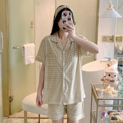 Grid Girls Pajamas Set Cute Summer Short Sleeve Leisure Sleepwear for Women cotton Nightwear Homewear Suit Plus Size 2 Piece 2xl
