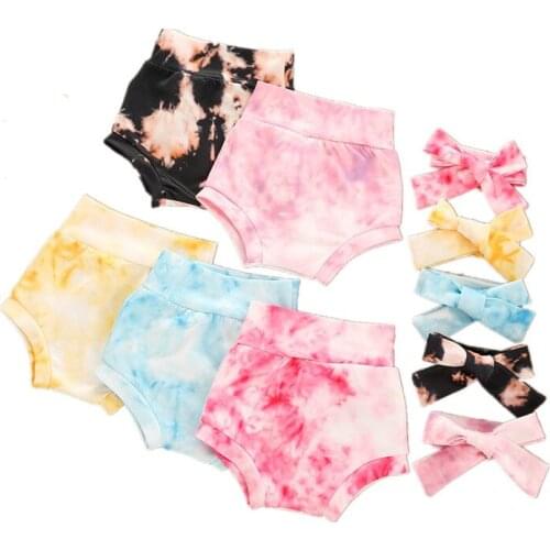Toddler Infant Baby Boys Girls Newborn Baby Girls Boys Tie-Dye Printed Shorts Trousers+Headband 2pcs Elastic High Waist Shorts
