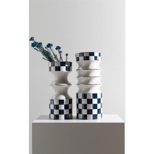 Modern Plaid Gold Ceramic Vase Nordic Home Living Room Office Desktop Flower Arrangement Vase Hotel Porcelaim Art Furnishings