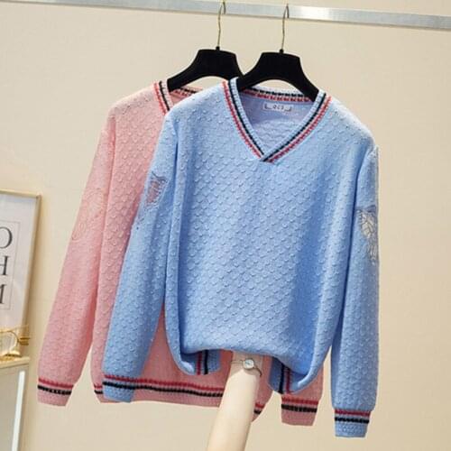 4XL Women Patchwork Sweater Pullovers Vneck Oversized Sweater Jumpers Patchwork Embroidery Chic Knitted Tops Pink Knitwear